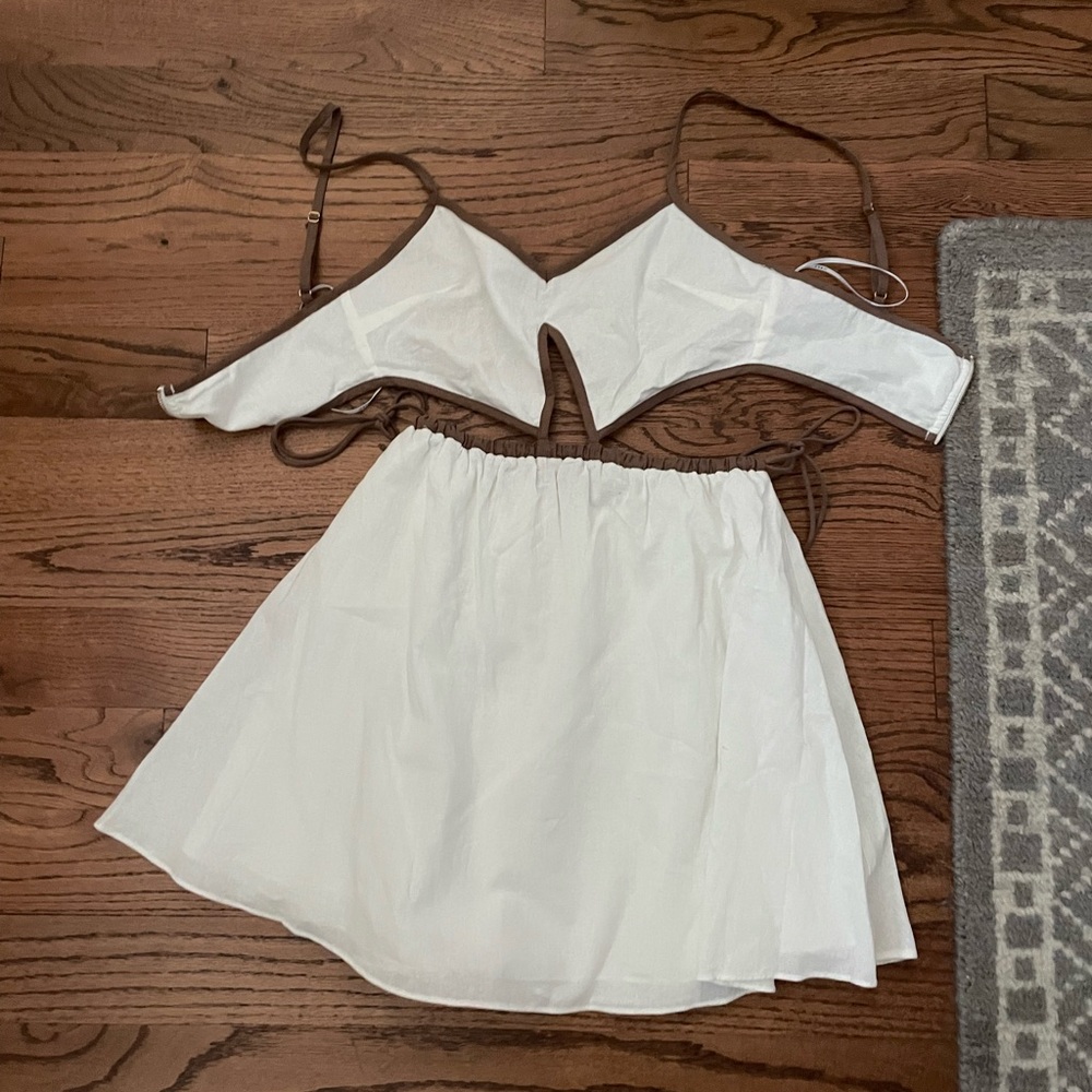 Sabo Skirt White Mini Dress with Brown Straps